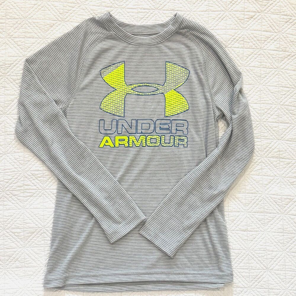 Under Armour Boys Yth M Long Sleeve Shirt Gray Neon Logo Polyester Athletic